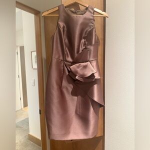 Carmen Marc Valvo Satin Ruffle Midi Dress in Rich Brown